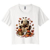 Vintage Ghost Book Reading Pumpkin Gothic Halloween Teachers Women's Crop Top Tee