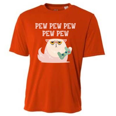 Video Games Cat Gamer Player Pew Pew Pew Gaming Funny Gift Cooling Performance Crew T-Shirt