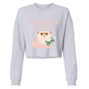 Video Games Cat Gamer Player Pew Pew Pew Gaming Funny Gift Cropped Pullover Crew