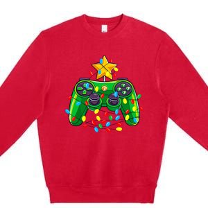 Video Game Controller Christmas Tree Lights Gamer Boy Premium Crewneck Sweatshirt