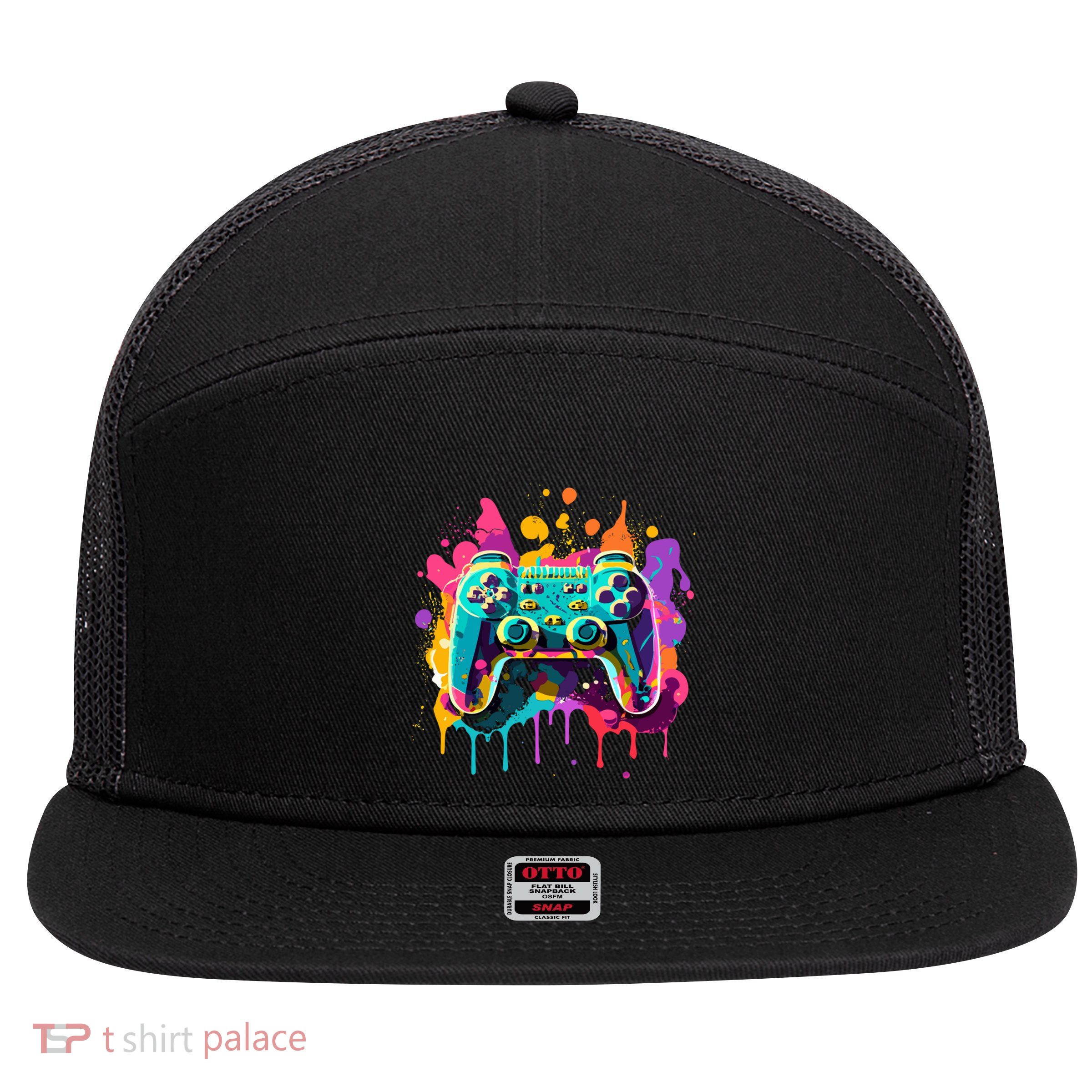 Video Game Controller Paint Splatter Colorful 90S Gaming 7 Panel Mesh Trucker Snapback Hat