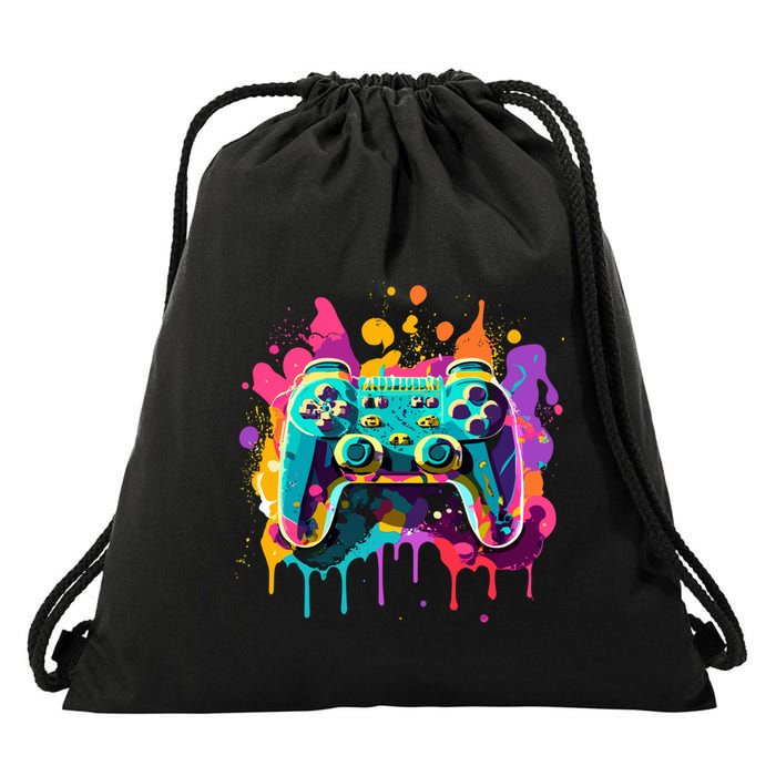 Video Game Controller Paint Splatter Colorful 90S Gaming Drawstring Bag