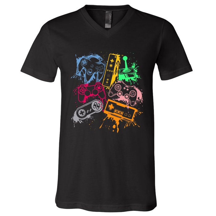 Video Game Console Controllers Retro 80's 90's Arcade Gamer  V-Neck T-Shirt