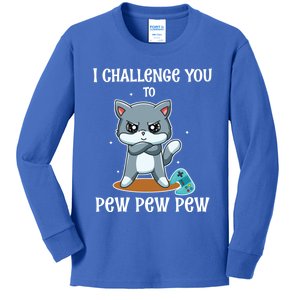 Video Games Cat Gamer Player I Challenge You Pew Pew Pew Gift Kids Long Sleeve Shirt