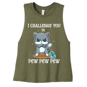 Video Games Cat Gamer Player I Challenge You Pew Pew Pew Gift Women's Racerback Cropped Tank