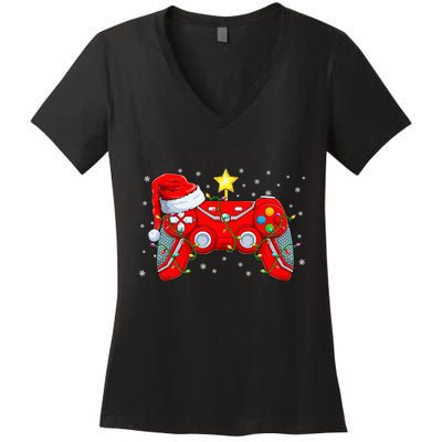 Video Game Controller Christmas Santa Hat Gamer Xmas Women's V-Neck T-Shirt