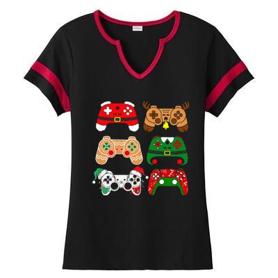 Video Game Controller Christmas Santa Hat Gamer Ladies Halftime Notch Neck Tee