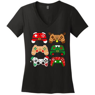 Video Game Controller Christmas Santa Hat Gamer Women's V-Neck T-Shirt