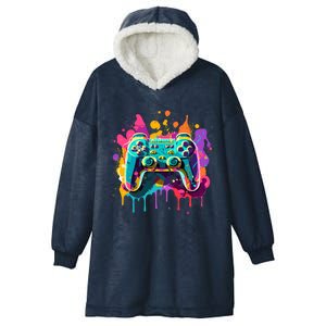 Video Game Controller Paint Splatter Colorful 90S Gaming Great Gift Hooded Wearable Blanket