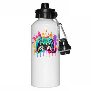 Video Game Controller Paint Splatter Colorful 90S Gaming Great Gift Aluminum Water Bottle