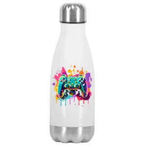 Video Game Controller Paint Splatter Colorful 90S Gaming Great Gift Stainless Steel Insulated Water Bottle