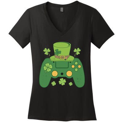 Video Game Controller Irish Gamer Boy Happy St Patricks Day Women's V-Neck T-Shirt