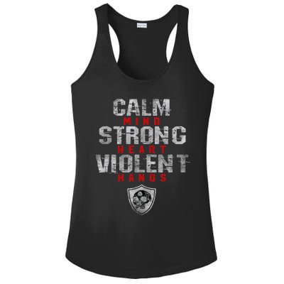 Vikings Gym Calm Mind Strong Heart Violent Hands Norse Ladies PosiCharge Competitor Racerback Tank