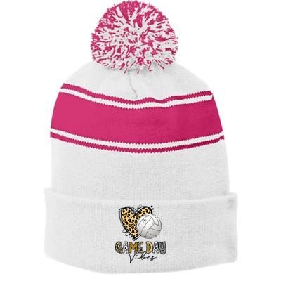 Volleyball Game Day Vibes Volleyball Mom Leopard Stripe Pom Pom Beanie