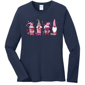 Valentine Gnomes Drink Coffee Latte Valentine Ladies Long Sleeve Shirt