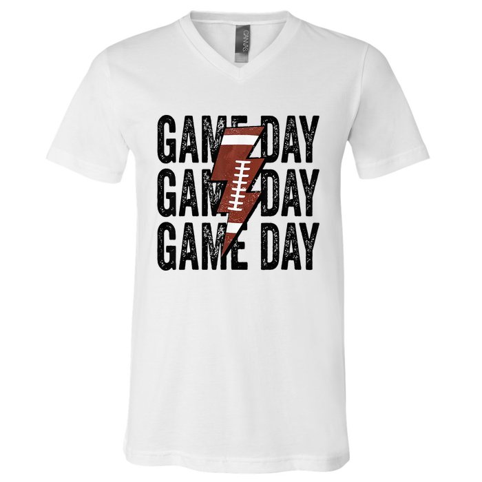 Vintage Game Day Football Lightning Bolt Funny Team Sport V-Neck T-Shirt