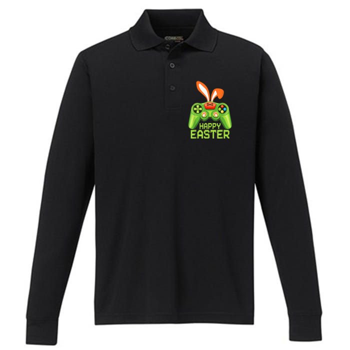 Video Game Easter Bunny Gaming Controller Gamer B.o.y.s Girls Performance Long Sleeve Polo