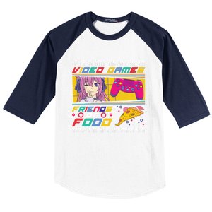 Video Games Friends Food Pizza Gamer Anime Gift Baseball Sleeve Shirt