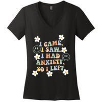 Vintage Groovy Face I Came I Saw I Had Anxiety So I Left Women's V-Neck T-Shirt