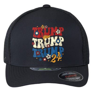 Vintage Groovy Flower Trump Trump Trump 2024 Vneck Flexfit Unipanel Trucker Cap