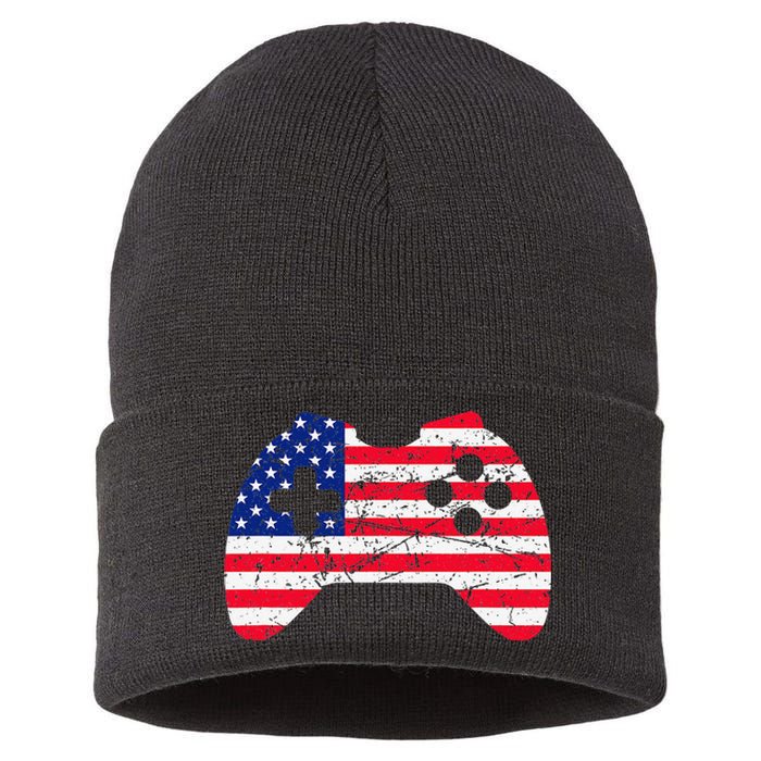 Video Game Gamer USA 4th of July Retro Sustainable Knit Beanie