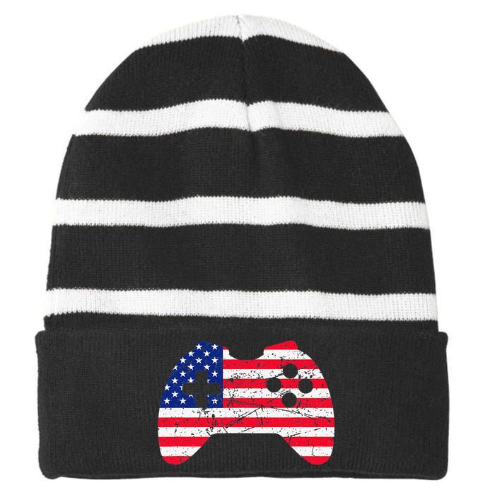 Video Game Gamer USA 4th of July Retro Striped Beanie with Solid Band