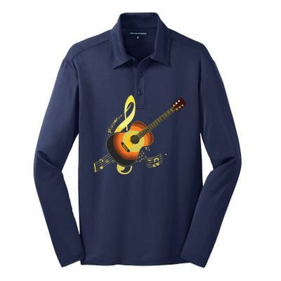 Vintage Guitar Gift For Men Women Music Band Guitarist Stuff Silk Touch Performance Long Sleeve Polo