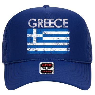 Vintage Greece Greek Flag Pride Gift High Crown Mesh Back Trucker Hat