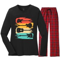 Vintage Guitar Gift For Music Band Guitarist Stuff Women's Long Sleeve Flannel Pajama Set 