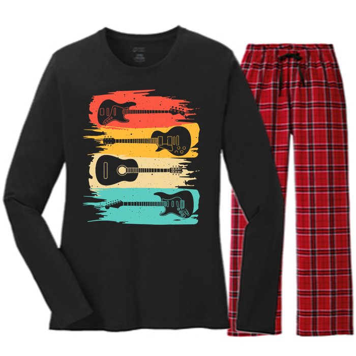 Vintage Guitar Gift For Music Band Guitarist Stuff Women's Long Sleeve Flannel Pajama Set 