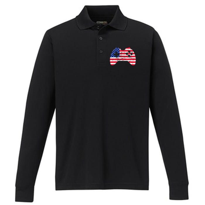 Video Game Gamer USA 4th of July Retro Performance Long Sleeve Polo