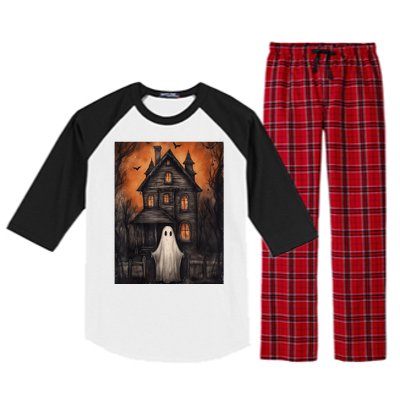 Vintage Ghost Haunted House Halloween Spooky Raglan Sleeve Pajama Set