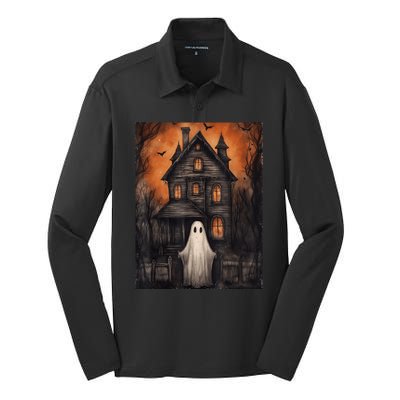 Vintage Ghost Haunted House Halloween Spooky Silk Touch Performance Long Sleeve Polo