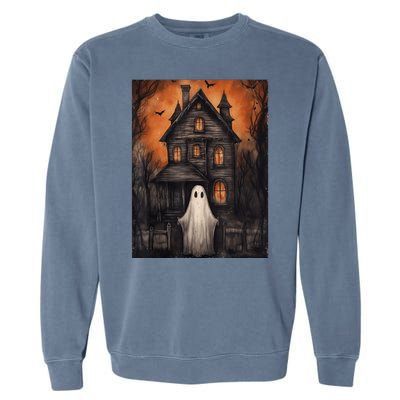 Vintage Ghost Haunted House Halloween Spooky Garment-Dyed Sweatshirt