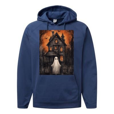 Vintage Ghost Haunted House Halloween Spooky Performance Fleece Hoodie