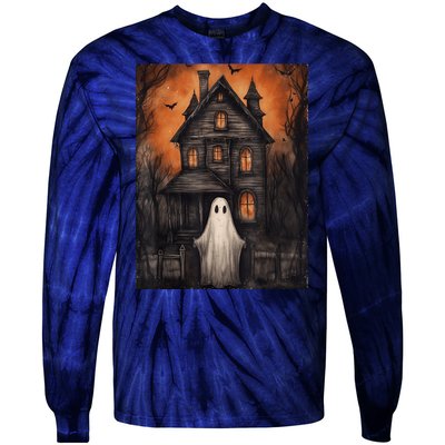 Vintage Ghost Haunted House Halloween Spooky Tie-Dye Long Sleeve Shirt