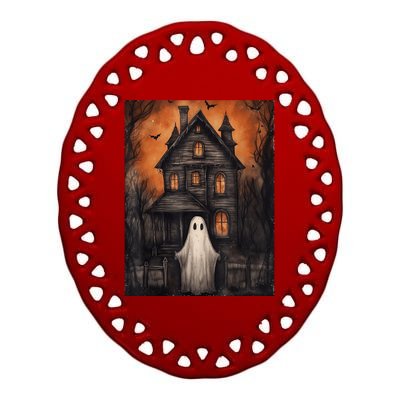 Vintage Ghost Haunted House Halloween Spooky Ceramic Oval Ornament