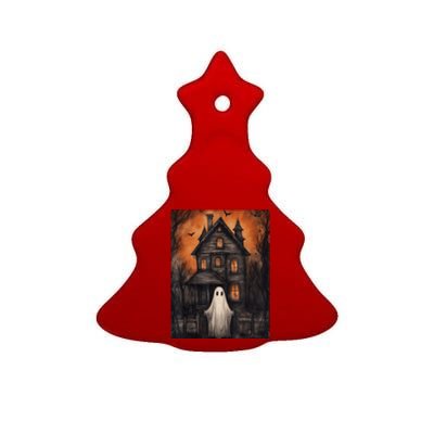 Vintage Ghost Haunted House Halloween Spooky Ceramic Tree Ornament