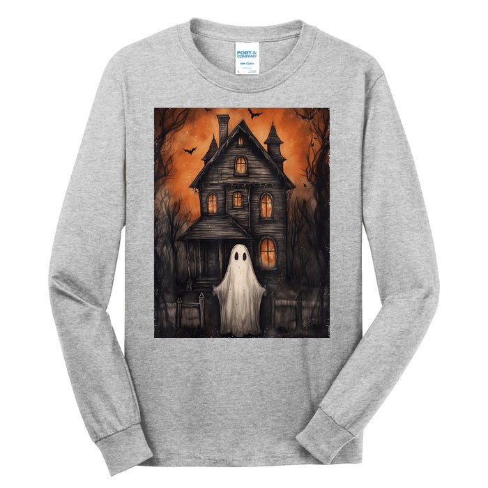 Vintage Ghost Haunted House Halloween Spooky Tall Long Sleeve T-Shirt