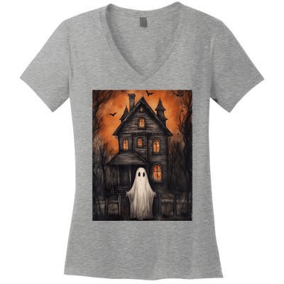 Vintage Ghost Haunted House Halloween Spooky Women's V-Neck T-Shirt