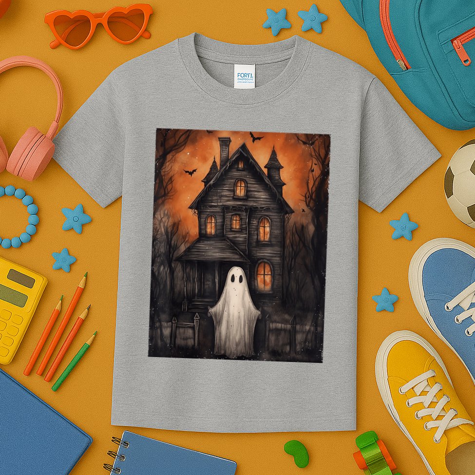 Vintage Ghost Haunted House Halloween Spooky Kids T-Shirt