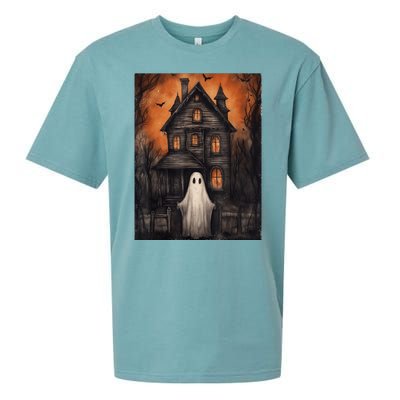 Vintage Ghost Haunted House Halloween Spooky Sueded Cloud Jersey T-Shirt