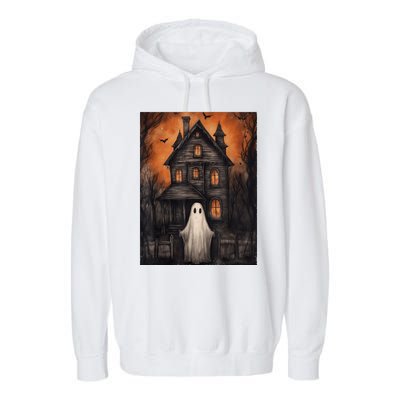 Vintage Ghost Haunted House Halloween Spooky Garment-Dyed Fleece Hoodie