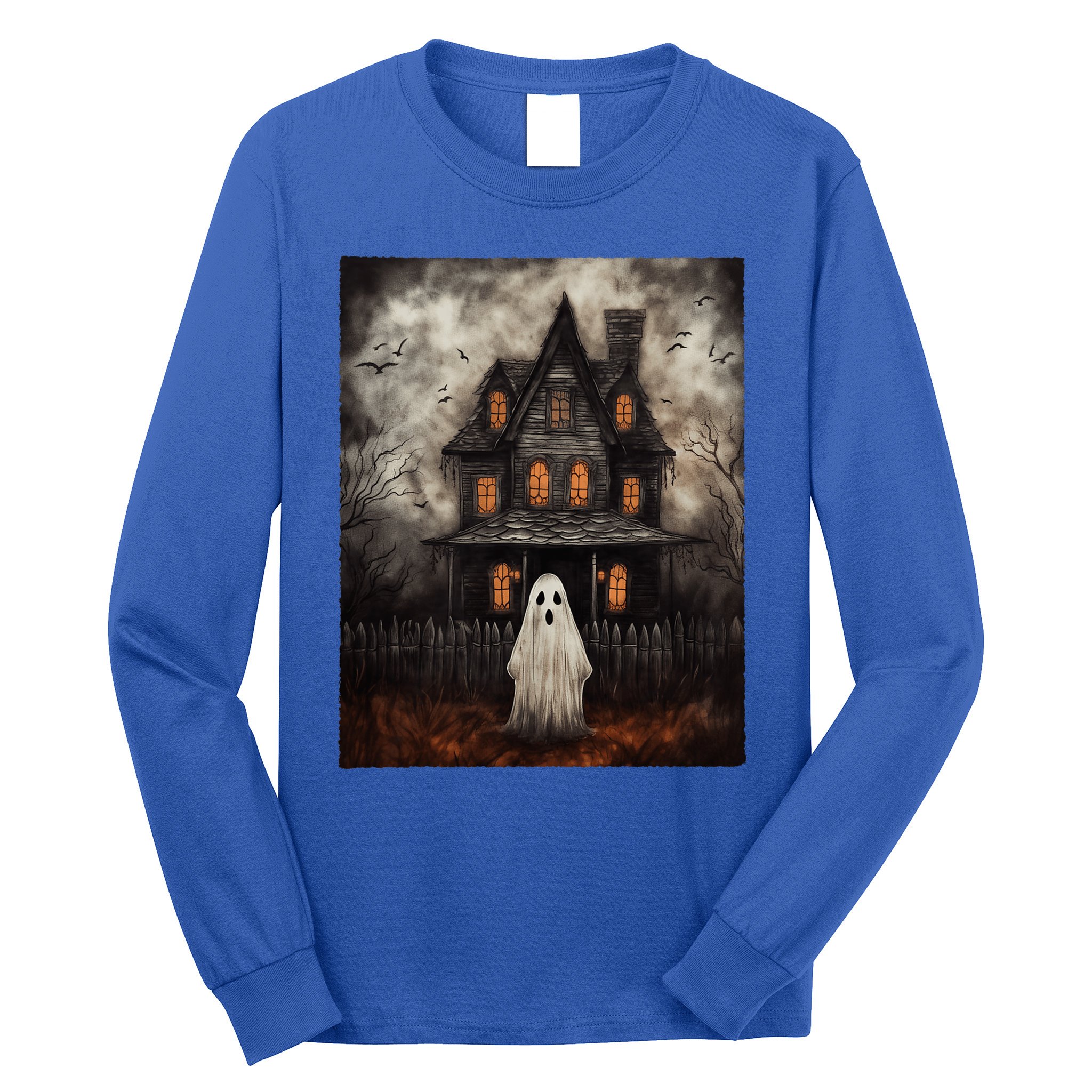 Vintage Ghost Haunted House Midnight Halloween Ghost Spooky Long Sleeve Shirt