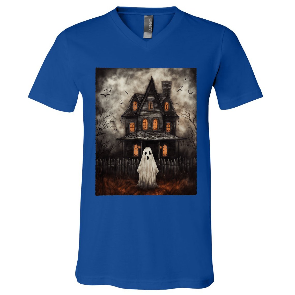 Vintage Ghost Haunted House Midnight Halloween Ghost Spooky V-Neck T-Shirt