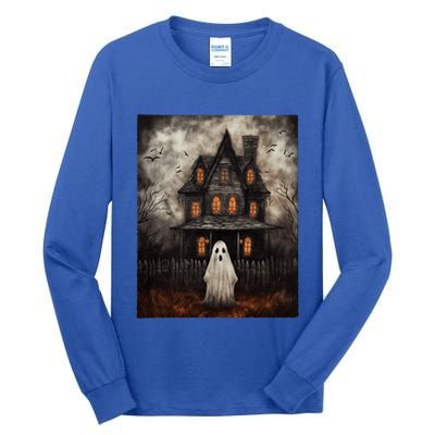 Vintage Ghost Haunted House Midnight Halloween Ghost Spooky Tall Long Sleeve T-Shirt