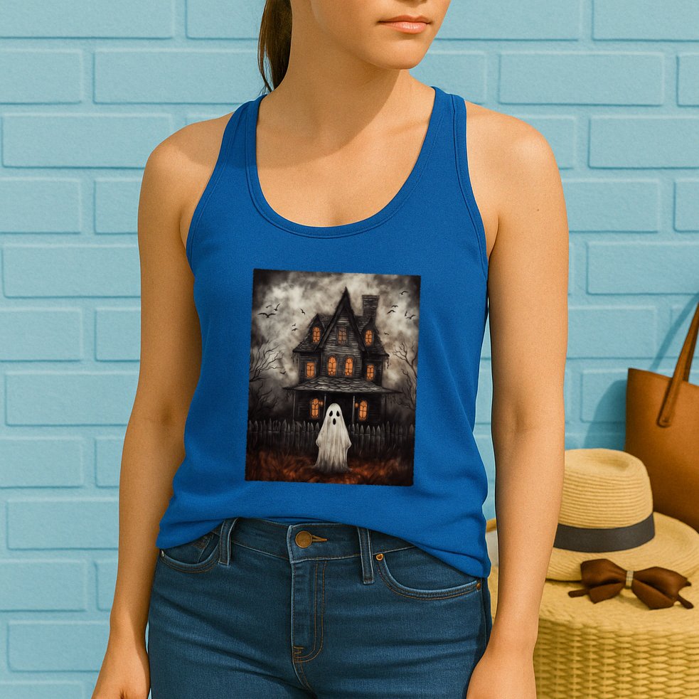 Vintage Ghost Haunted House Midnight Halloween Ghost Spooky Womens Tank Top