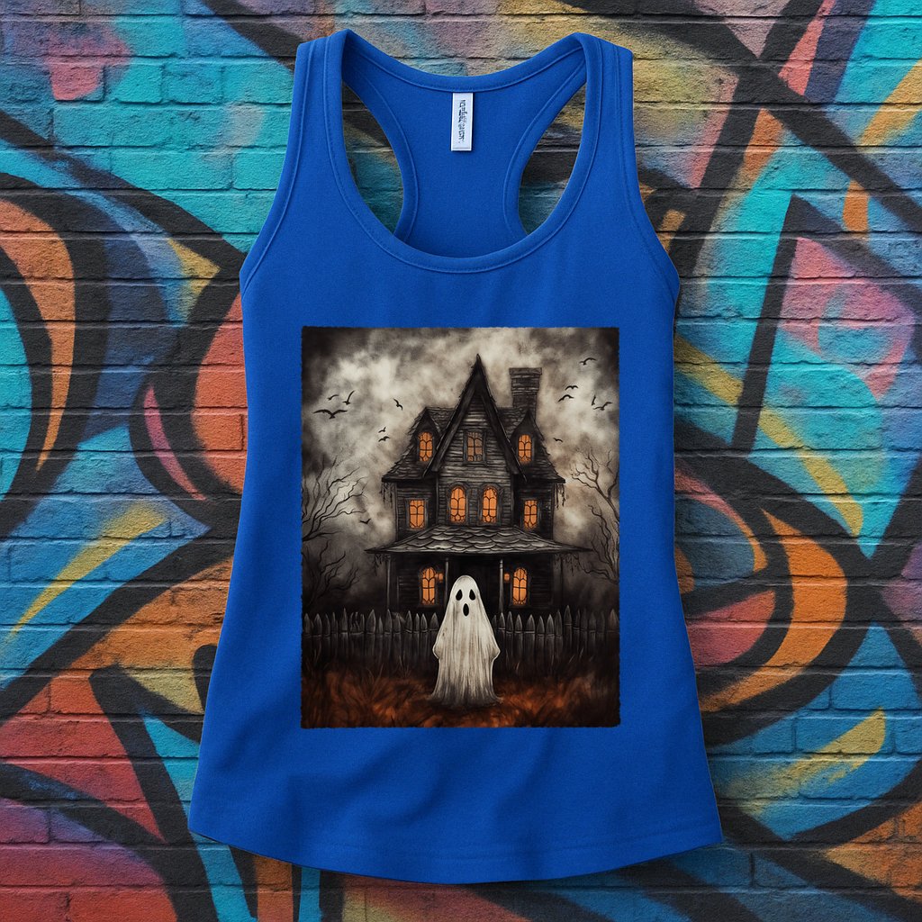 Vintage Ghost Haunted House Midnight Halloween Ghost Spooky Womens Tank Top
