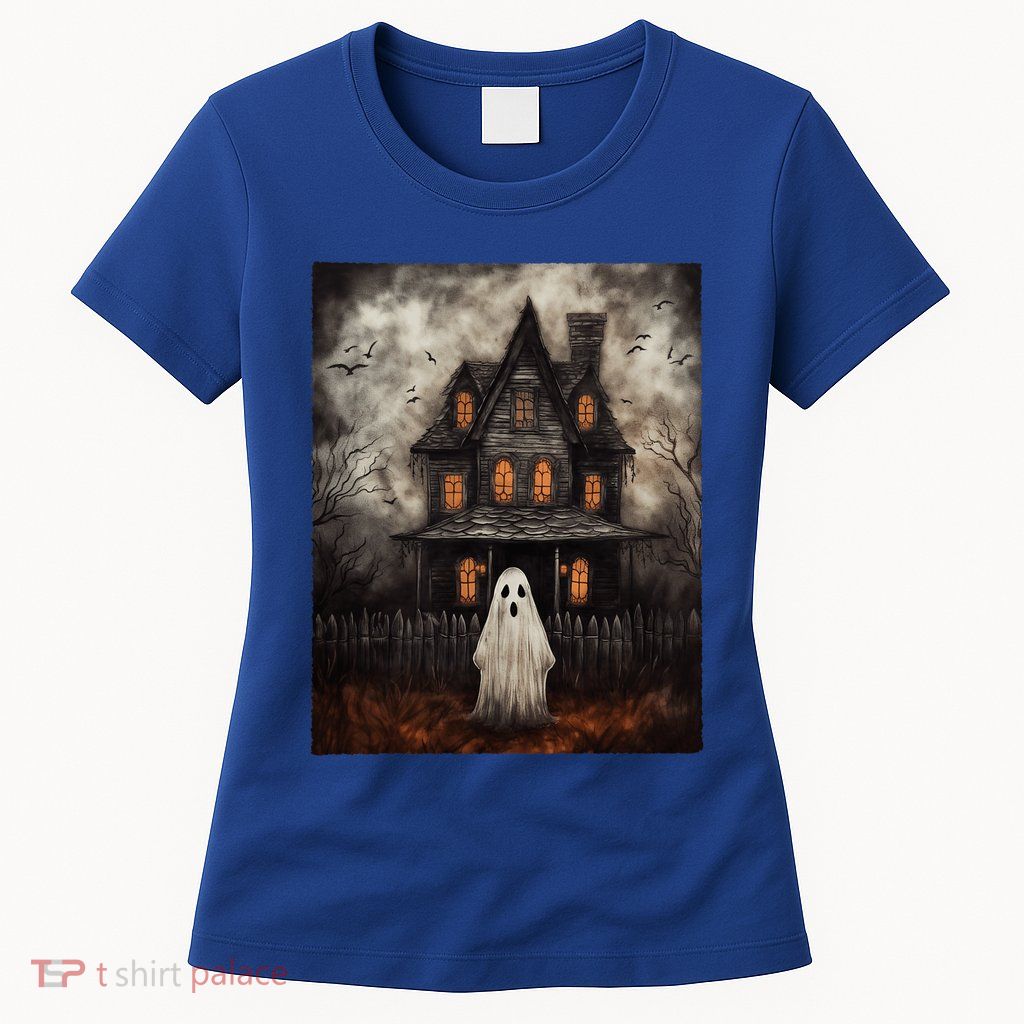 Vintage Ghost Haunted House Midnight Halloween Ghost Spooky Womens T-Shirt