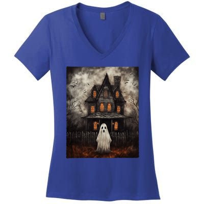 Vintage Ghost Haunted House Midnight Halloween Ghost Spooky Women's V-Neck T-Shirt